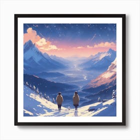 Two People Walking In The Snow Art Print