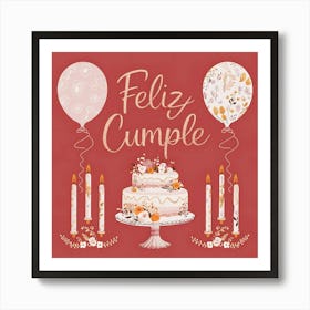 Feliz cumple and Feliz cumpleaños sign means Happy Birthday in Spanish language, Birthday party celebration gift with birthday cake candle colorful balloons best congratulation over light background wall artFeliz Cumple 30 Art Print