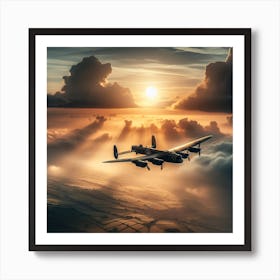 Lancaster Bomber flying through mist and clouds sun in background over dover 1/4 (ww2 World War 2 Pilot Flying Ace Sunset) Art Print