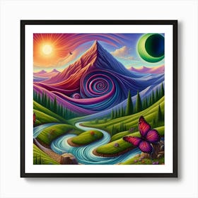 Mountain With Spiral Moon Sun Butterfly 2 Art Print