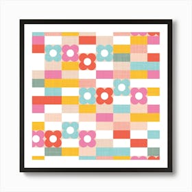 Retro Geo Summer Playful 70s mini floral and Checks in Rainbow Pastels Pattern Poster