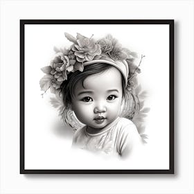 Little Girl With Flowers drawing Art Print