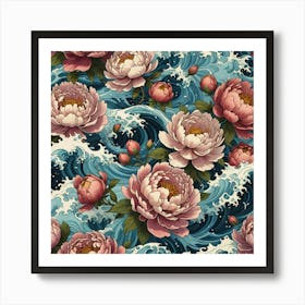 Peonies On The Waves Art Print