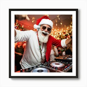 A Silver Haired Senior Man Sporting A Beard And Red Santa Hat Immerses Himself In The Rhythms Of A Art Print