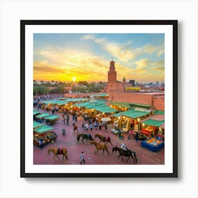 A stunning panoramic view of the bustling Marrakech medina in Morocco. The image encompasses the vibrant red walls of the city, the iconic Koutoubia Mosque in the distance, and the maze-like alleyways adorned with colorful lanterns and locals selling their wares. The atmosphere is a lively blend of culture, history, and the mysterious allure of the desert. The sun casts a warm golden light over the Art Print