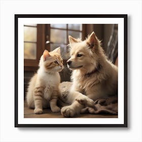 Portrait Of A Dog And Kitten Art Print