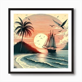 Sailing Ship At Sunset Art Print