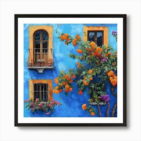 Blue House With Orange Flowers Art Print