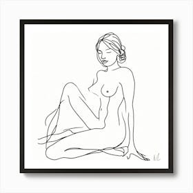 Nude Woman Sitting In Black Line Art Print