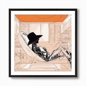 A Silhouette Of A Man Wearing A Black Hat And Laying On Her Back On A Orange Screen, In The Style Of (6) Art Print