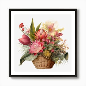 Wicker Basket With Flowers Art Print