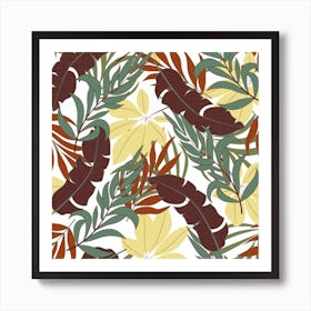 Botanical Seamless Tropical Pattern With Bright Red Green Plants Leaves Art Print