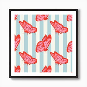 Retro Butterflies On Stripes Art Print