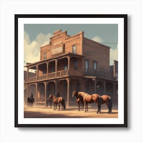 Horses In A Western Town Art Print