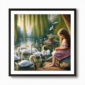 Little Girl With Swans 2 Art Print