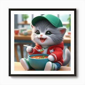 Cute Kitten Eating Soup Art Print