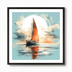 Sailing Boat With Mist Shrouded Moon Art Print