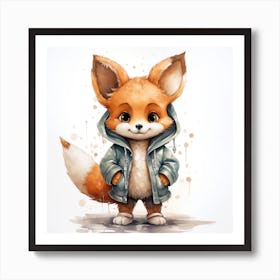 Watercolour Cartoon Fox In A Hoodie Art Print