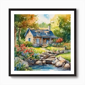 watercolor painting of a small stone house and flower garden with a blue river flowing Art Print