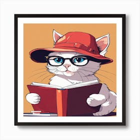 Cat In Glasses Reading A Book Art Print