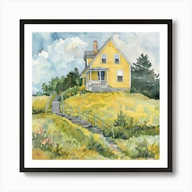 Path up to the Old Yellow Farmhouse Watercolor Scenery ~ Americana Vintage Wholesome Art Decor | Dreamy Idyllic Art Print