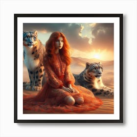 Girl With Snow Leopards Art Print