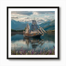 Sailing Ship In The Mountains 2 Art Print