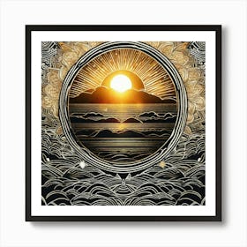 Black picture with sunrise over water Art Print