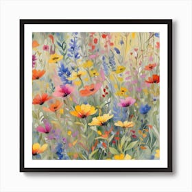Multicolored Wildflowers Watercolor Field Drawing Summer 3 Art Print
