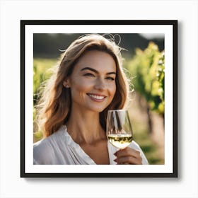 Woman Drinking Wine In Vineyard Art Print