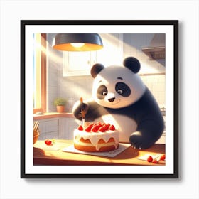 a panda bear baking a cake in a sunny kitchen, digital art Art Print