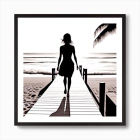Silhouette Of A Woman Walking On The Beach 7 Art Print