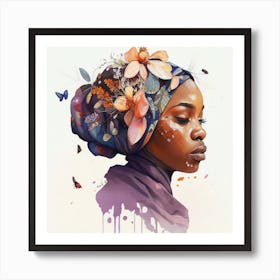 Watercolor Floral Muslim African Woman #4 Art Print