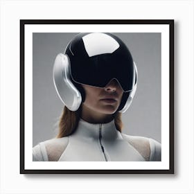 Create A Cinematic Apple Commercial Showcasing The Futuristic And Technologically Advanced World Of The Woman In The Hightech Helmet, Highlighting The Cuttingedge Innovations And Sleek Design Of The Helmet And It Art Print