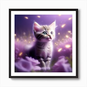 Ethereal Kitten In Purple Flowers Art Print