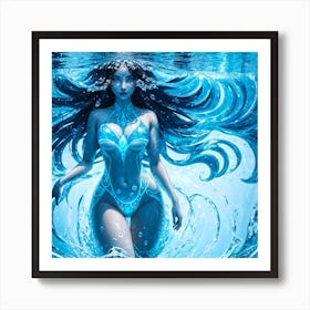 A Visual Wave And Drop Portrait Of A Water Wixen Diving Into The Ocean In Blue Art Print