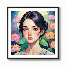 Asian Girl With Lotus Flowers 2 Art Print