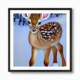 Cute Deer In Winter Landscape Art Print