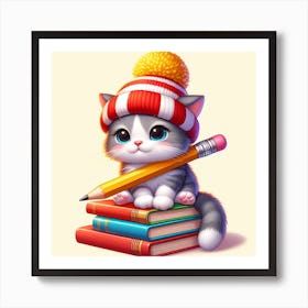 Cute Kitten Sitting On Books 1 Art Print