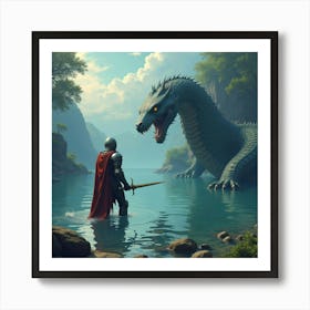 A Knight Battling A Giant Serpent In A Mystical Lake 1 Art Print