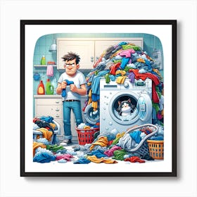 Cartoon Illustration Of A Man In A Laundry Room Art Print