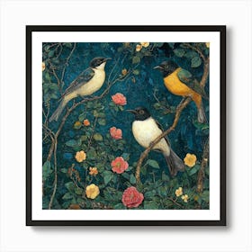 Three Birds In A Garden Art Art Print