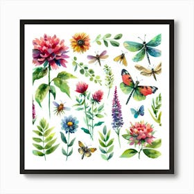 Watercolor Flowers And Butterflies 2 Art Print