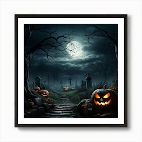 Art Landscape Pumpkin Holiday Design Halloween Fear Moon Skittish Green Grave Dark Scene (26) Art Print