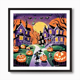 The Image Paints A Lively Picture Of Halloween In America Showcasing Bustling Neighborhoods Adorned (1) Art Print