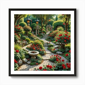 Bonsai Trees And Red Roses Art Print