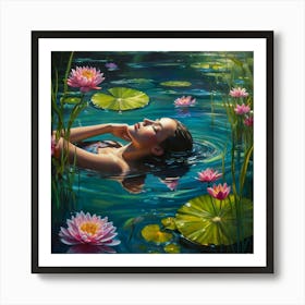 A gracefully floating water nymph, her delicate form surrounded by a tranquil garden of ethereal water blossoms. The petals of these flowers convey a range of emotions, shifting gently with the breeze that ripples through the crystal-clear water. The aquatic stems showcase a vibrant array of colors, dazzling the eyes with their beauty. This captivating scene is depicted in a stunningly detailed painting, where every aspect is brought to life with rich and vibrant hues against green surroundings, crossing reality and illusion, highly detailed, cinematic scene, dramatic lighting, ultra realistic Art Print