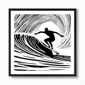 Linocut Black And White Surfer On A Wave art, surfing art, 261 Art Print