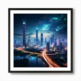 Bangkok Cityscape Set In A Futuristic Era Skyscrapers Ablaze With Neon Lights Merging Seamlessly W (4) Art Print