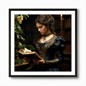 An Elegant Lady Dressed In Victorian Attire Clutches A Large Leather Bound Book To Her Chest Art Print